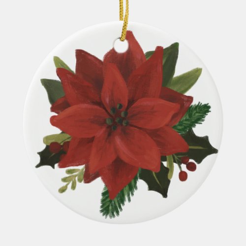 Classic Hand Painted Poinsettia Holiday Ceramic Ornament