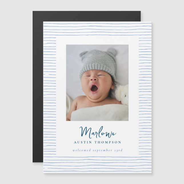 Classic Handdrawn Blue Striped Birth Announcement (Front/Back)