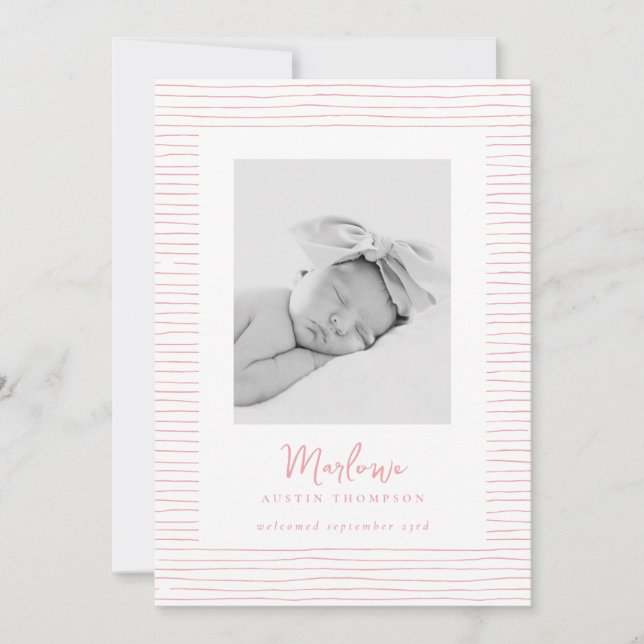 Classic Handdrawn Pink Striped Birth Announcement (Front)