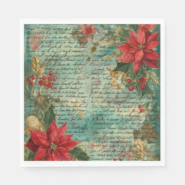 Classic Handwritten Poinsettia Christmas Holiday Napkins (Front)