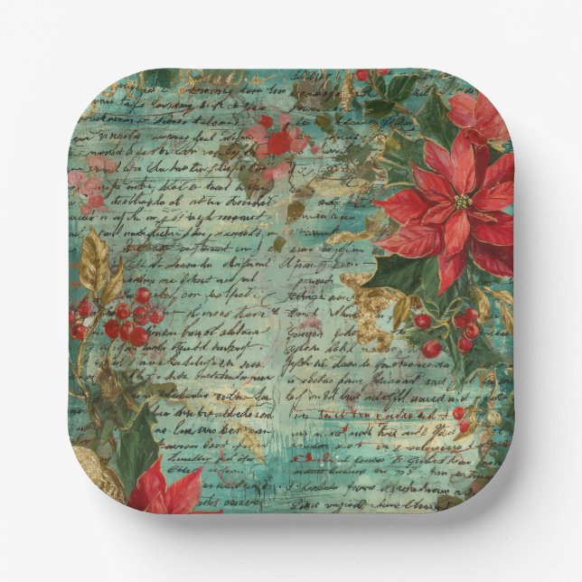 Classic Handwritten Poinsettia Christmas Holiday Paper Plates (Front)