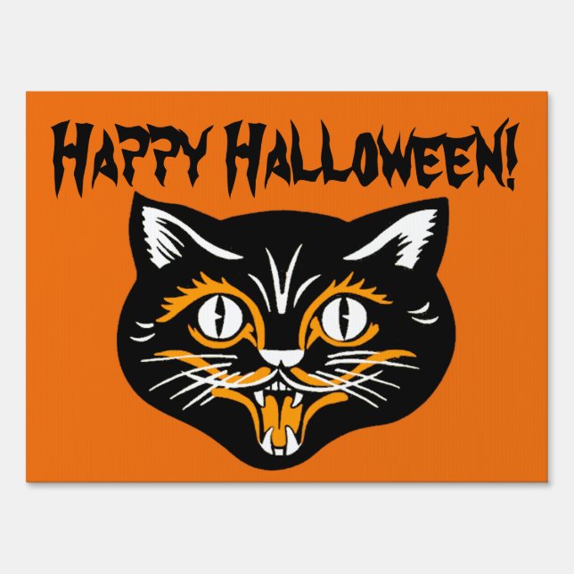 Classic Happy Halloween Black Orange Cat Face Sign (Front)