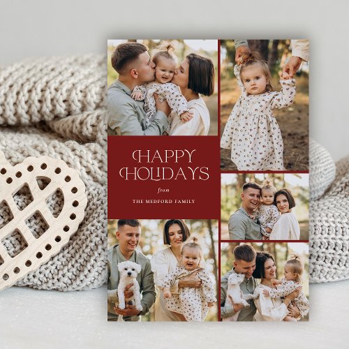 Classic Happy Holidays Five Photo Floral Back Holiday Card