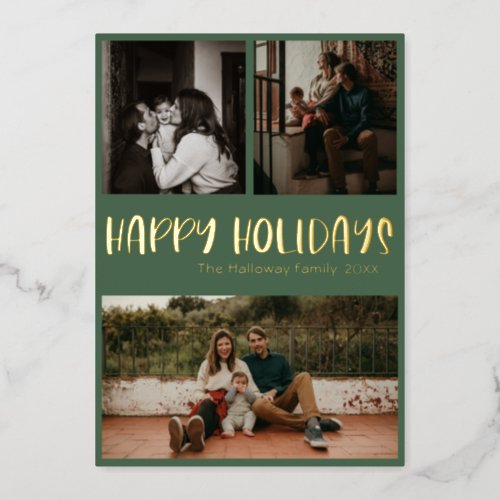 Classic Happy Holidays  Green Three Photo Gold Foil Holiday Card