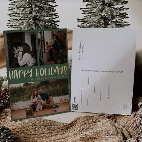 Classic Happy Holidays Green Three Photo Gold Foil Holiday Postcard