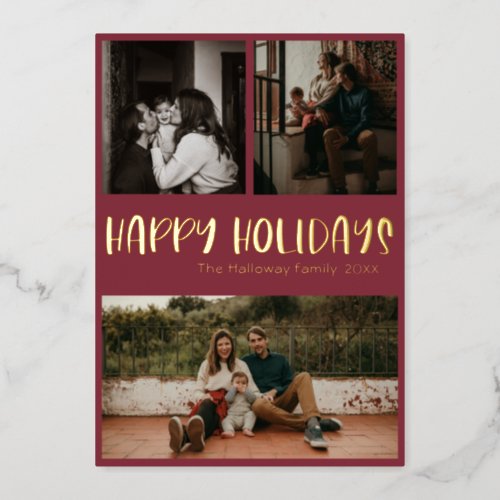 Classic Happy Holidays  Red Three Photo Gold Foil Holiday Card