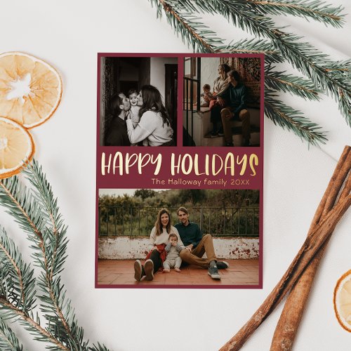Classic Happy Holidays  Red Three Photo Gold Foil Holiday Postcard