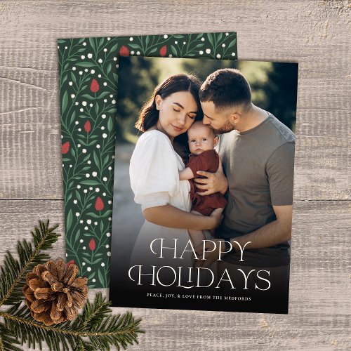 Classic Happy Holidays Text Floral Back  Photo Holiday Card