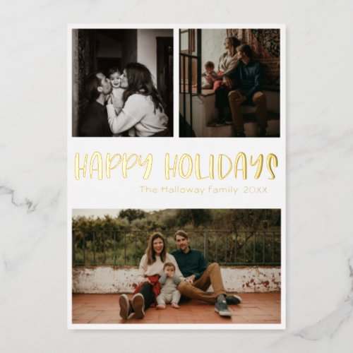 Classic Happy Holidays Three Photo Gold Foil Holiday Card