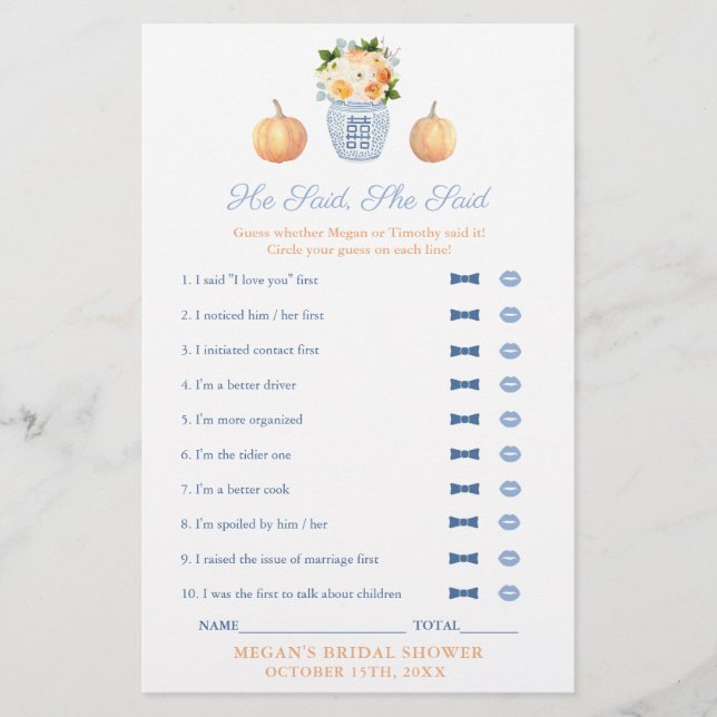 Classic He Said She Said Bridal Shower Game Card (Front)