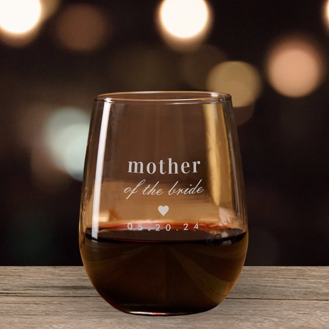Classic Heart Mother of the Bride Wedding Gift Stemless Wine Glass (Creator Uploaded)