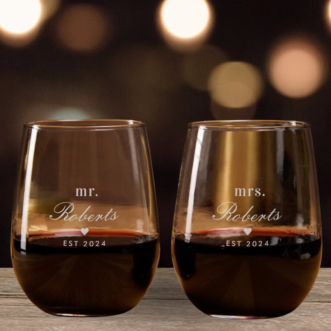 Classic Heart Mr. and Mrs. Newlywed Gift Wedding Stemless Wine Glass (Creator Uploaded)