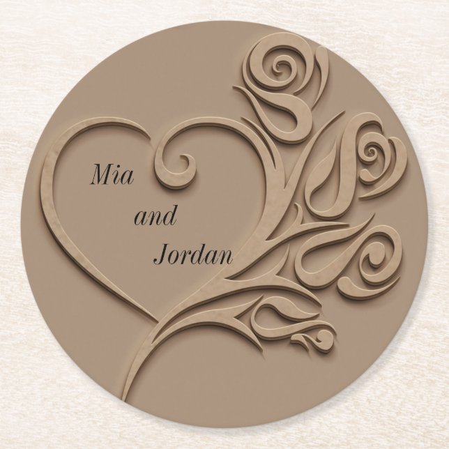 Classic Heart Taupe Personaliazed Wedding Round Paper Coaster (Front)