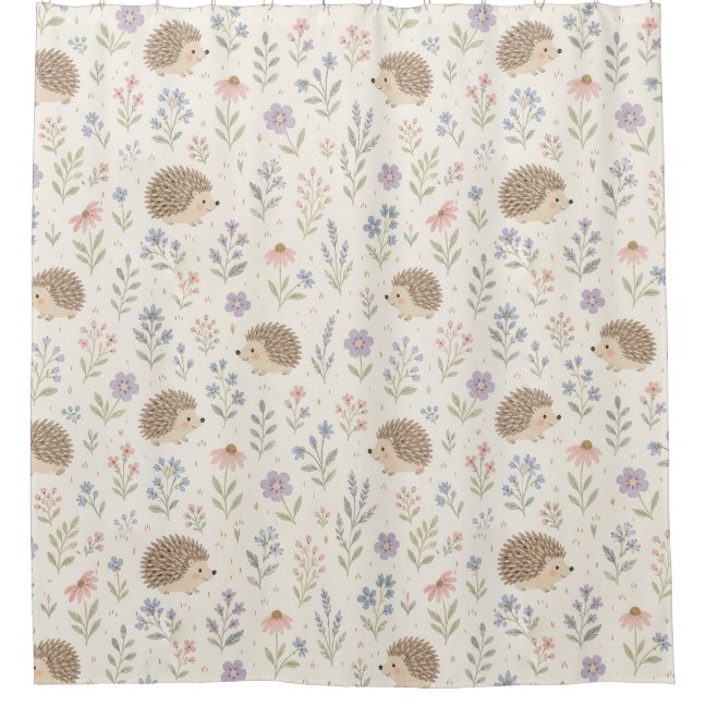 Classic Hedgehog and Wildflower Pattern in Pastel Shower Curtain
