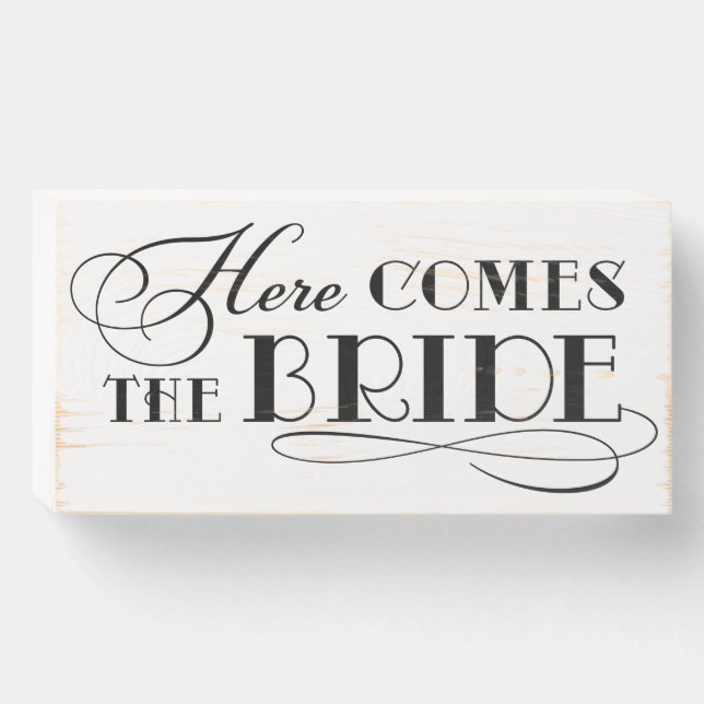 Classic Here Comes the Bride White Wooden Box Sign (Front Horizontal)