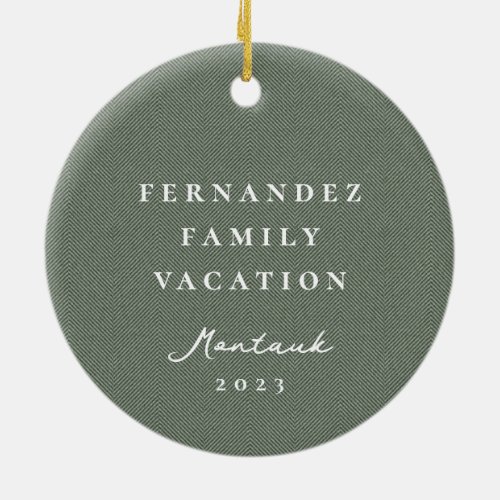 Classic herringbone simple sage green photo ceramic ornament