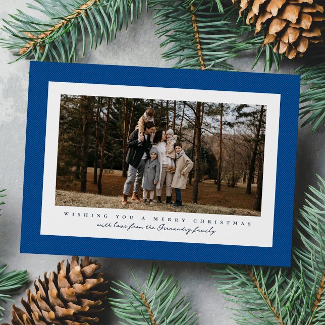 Classic herringbone tweed frame simple blue photo holiday card (Creator Uploaded)