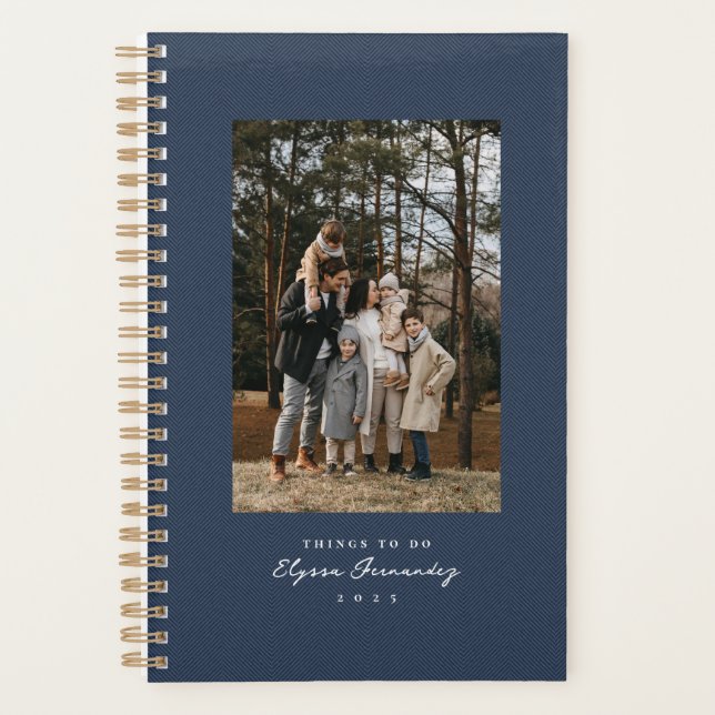 Classic herringbone tweed simple navy blue photo planner (Front)