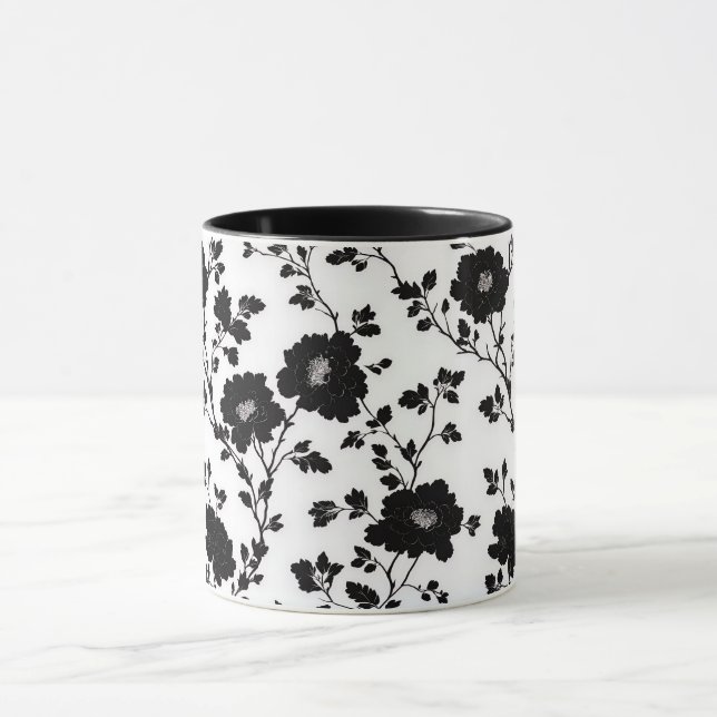 Classic High Contrast Black Floral Silhouette Mug (Center)