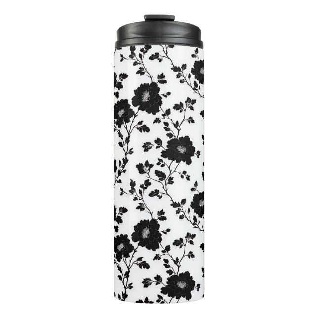 Classic High Contrast Black Floral Silhouette Thermal Tumbler (Front)