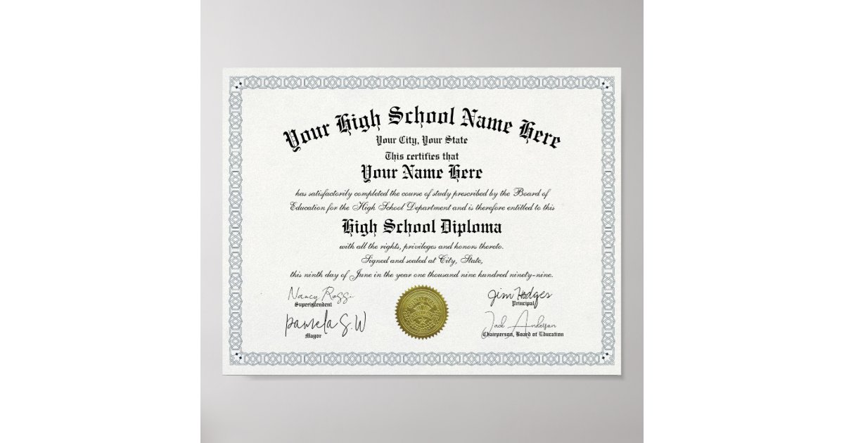 Classic High School Diploma Template Replica Poster | Zazzle
