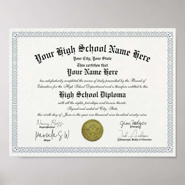 Classic High School Diploma Template Replica Poster (Front)