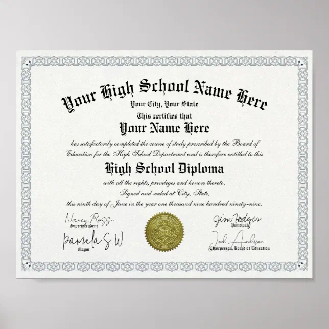 Classic High School Diploma Template Replica Poster | Zazzle