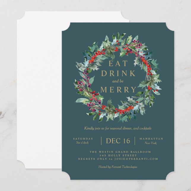 Classic Holiday Berry Holly Wreath Invitation (Front/Back)