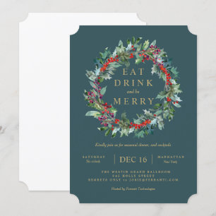 Classic Holiday Berry Holly Wreath Invitation