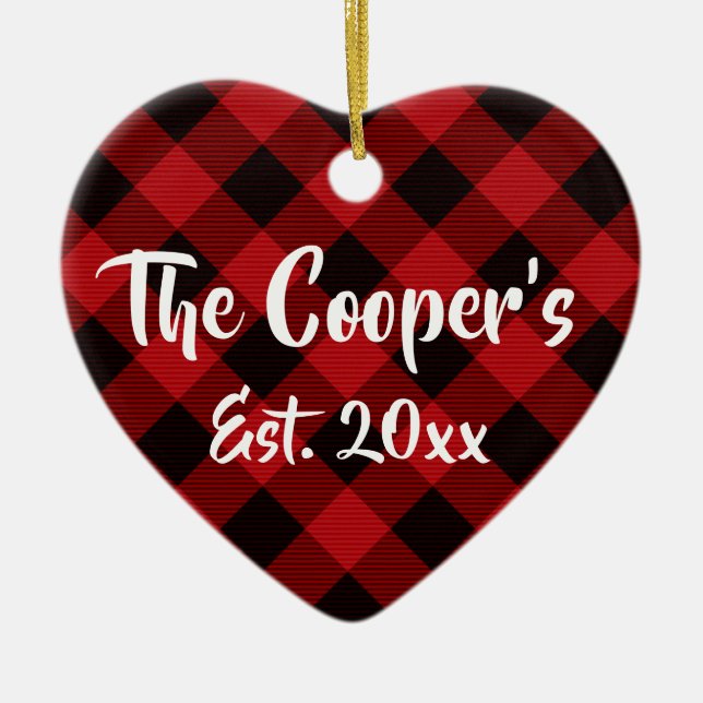 Classic Holiday Christmas design red buffalo plaid Ceramic Ornament (Front)