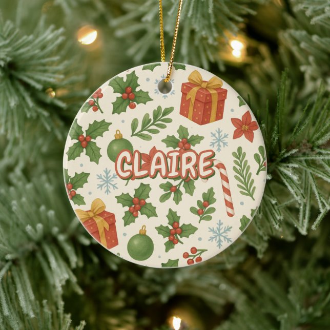 Classic Holiday Floral Pinetrees  Ceramic Ornament (Tree)
