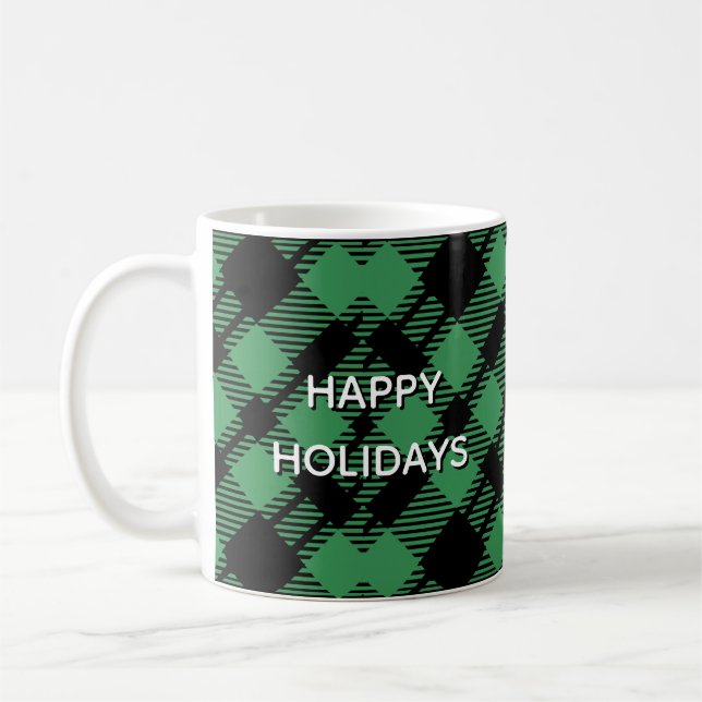Classic Holiday Green Checkered Pattern Custom Coffee Mug (Left)