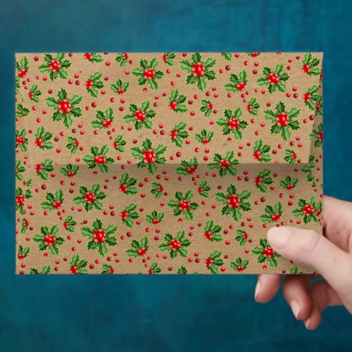 Classic Holiday Green Holly Red Berries Envelope
