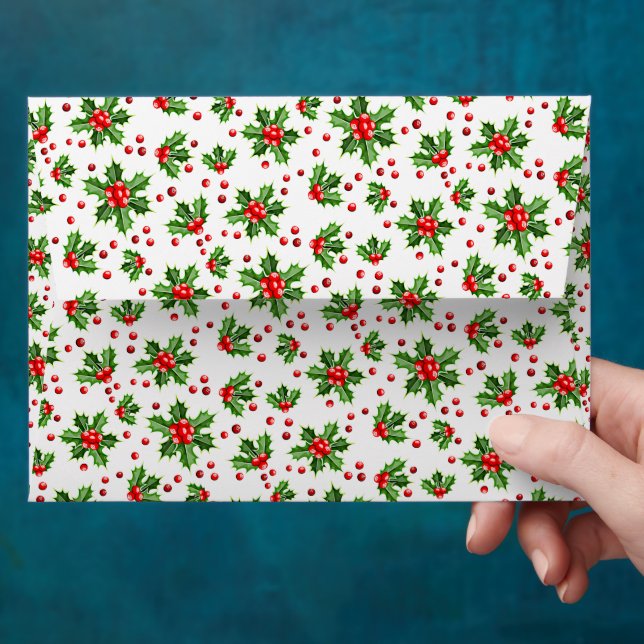 Classic Holiday Green Holly Red Berries Envelope (Hand)