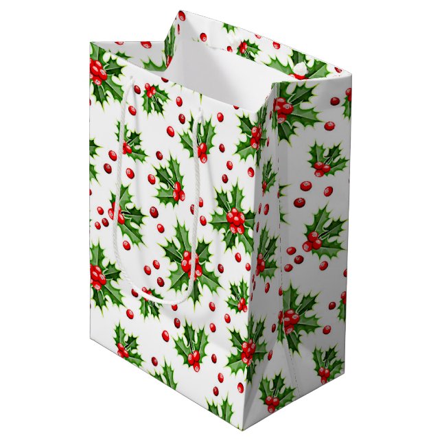 Classic Holiday Green Holly Red Berries Medium Gift Bag (Front Angled)