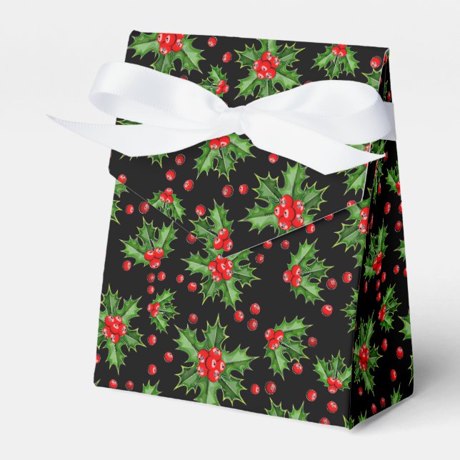 Classic Holiday Green Holly Red Berries Pattern Favor Boxes (Front Side)