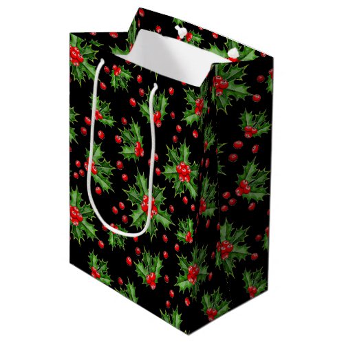 Classic Holiday Green Holly Red Berries Pattern Medium Gift Bag