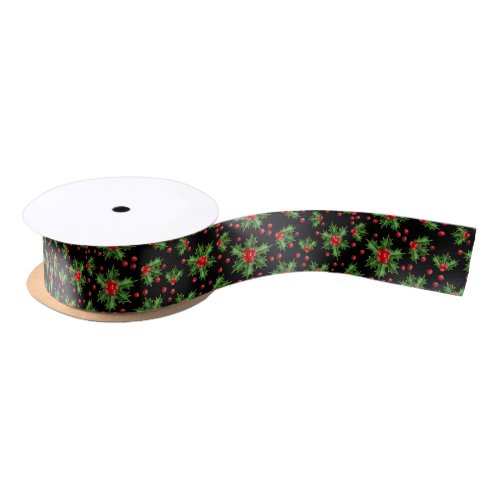 Classic Holiday Green Holly Red Berries Pattern Satin Ribbon
