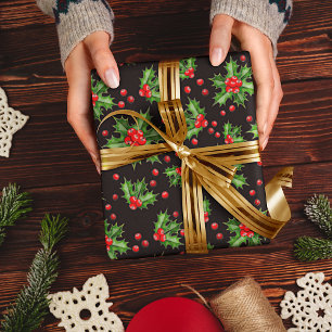 Classic Holiday Green Holly Red Berries Pattern Wrapping Paper