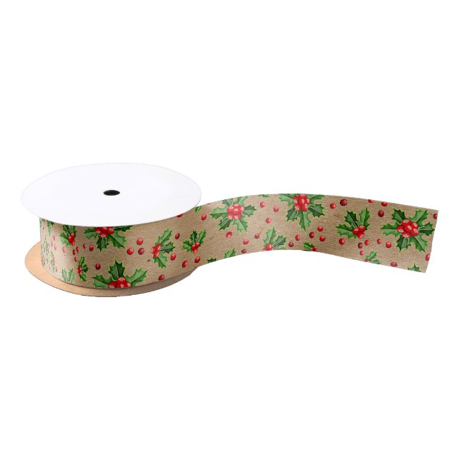 Classic Holiday Green Holly Red Berries Satin Ribbon (Spool)