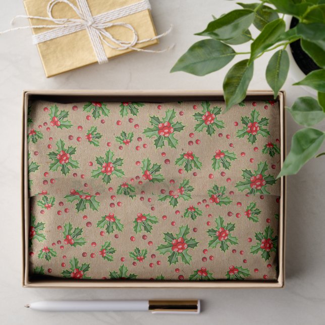 Classic Holiday Green Holly Red Berries Tissue Paper (Gift)