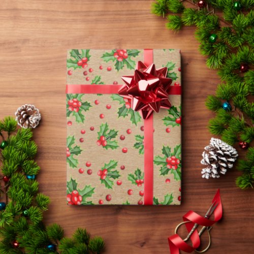 Classic Holiday Green Holly Red Berries Wrapping Paper