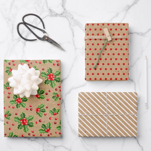 Classic Holiday Green Holly Red Berries Wrapping Paper Sheets (Front)