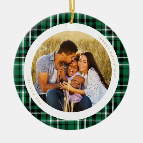 Classic Holiday Green Plaid Photo Ceramic Ornament