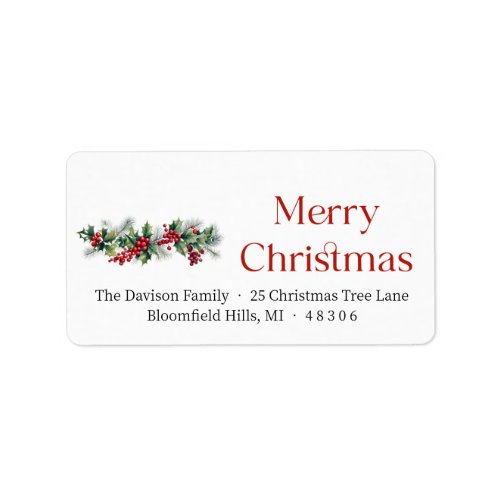 Classic holiday greenery red holly berries label