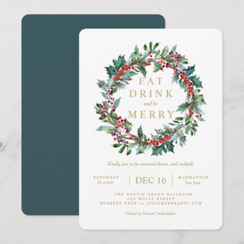 Classic Holiday Holly Berry Wreath Invitation