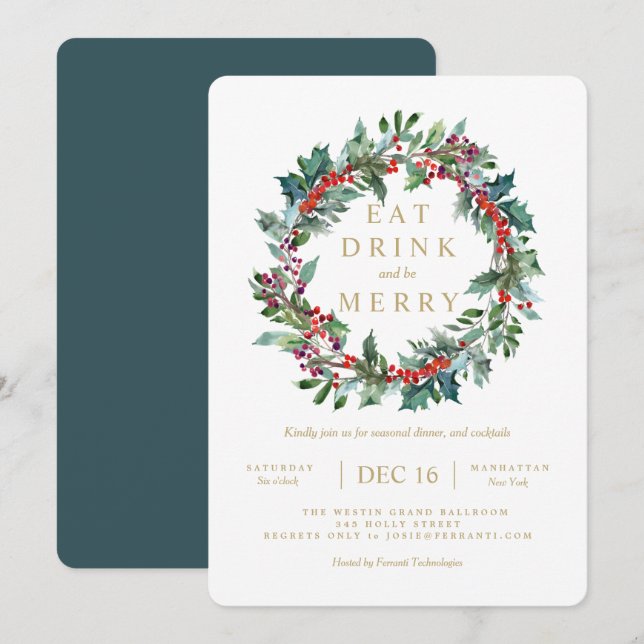 Classic Holiday Holly Berry Wreath Invitation (Front/Back)