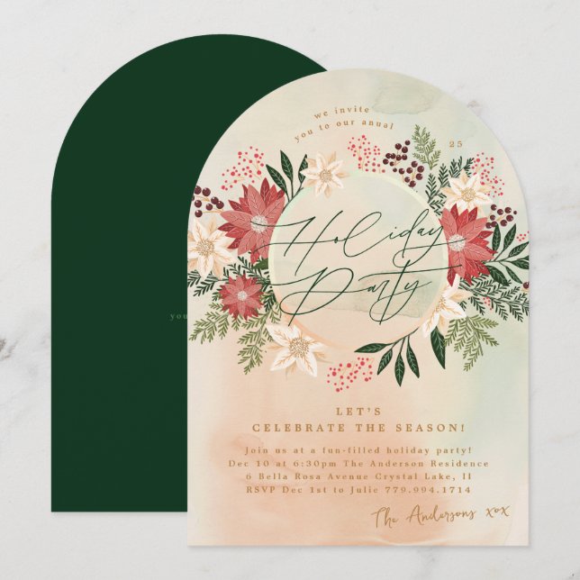 Classic Holiday Party Poinsettia Wreath Arch Invitation (Front/Back)