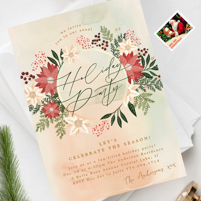 Classic Holiday Party Poinsettia Wreath Splendor Invitation (Creator Uploaded)