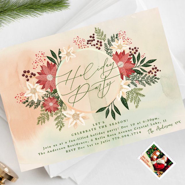 Classic Holiday Party Poinsettia Wreath Splendor Invitation (Creator Uploaded)